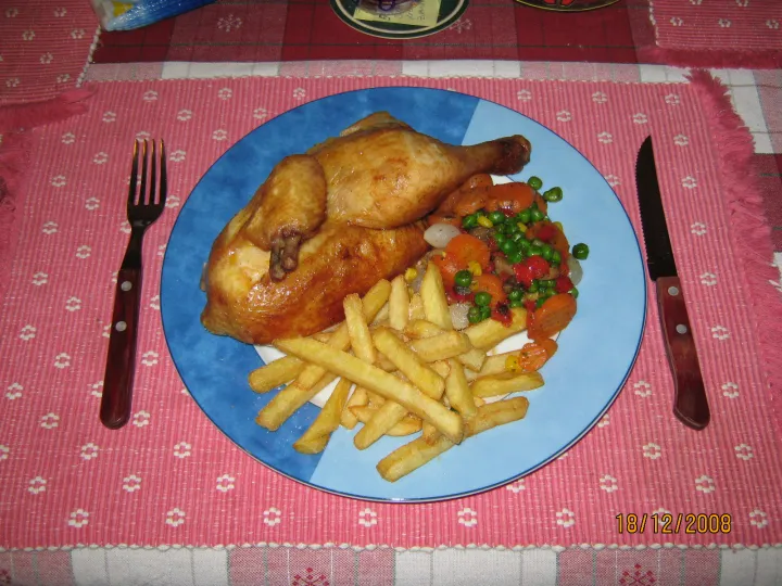 Brathenderl mit Röstgemüse & Pommes