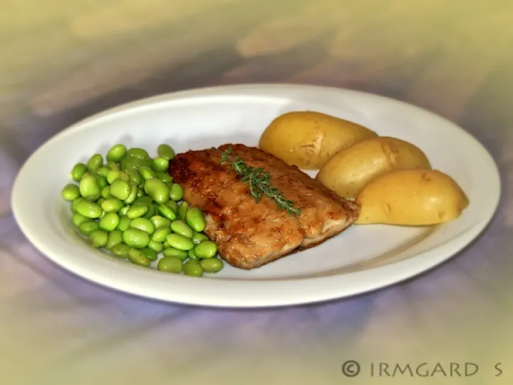 Welsfilet mit Edamame und Kartoffeln